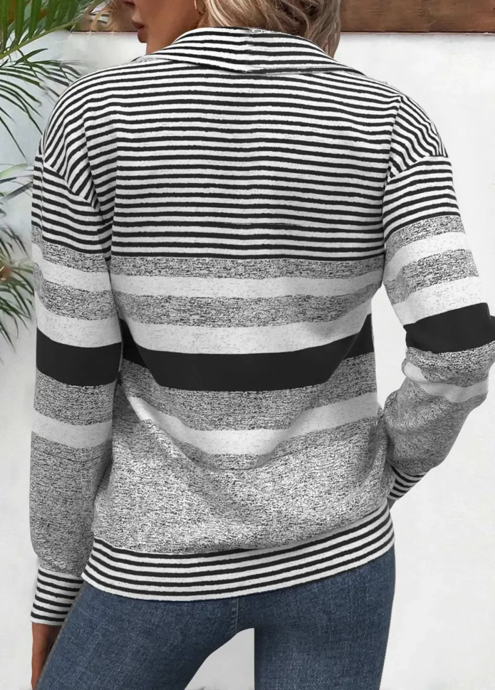 Black Zipper Striped Long Sleeve Turn Down Collar Sweatshirt