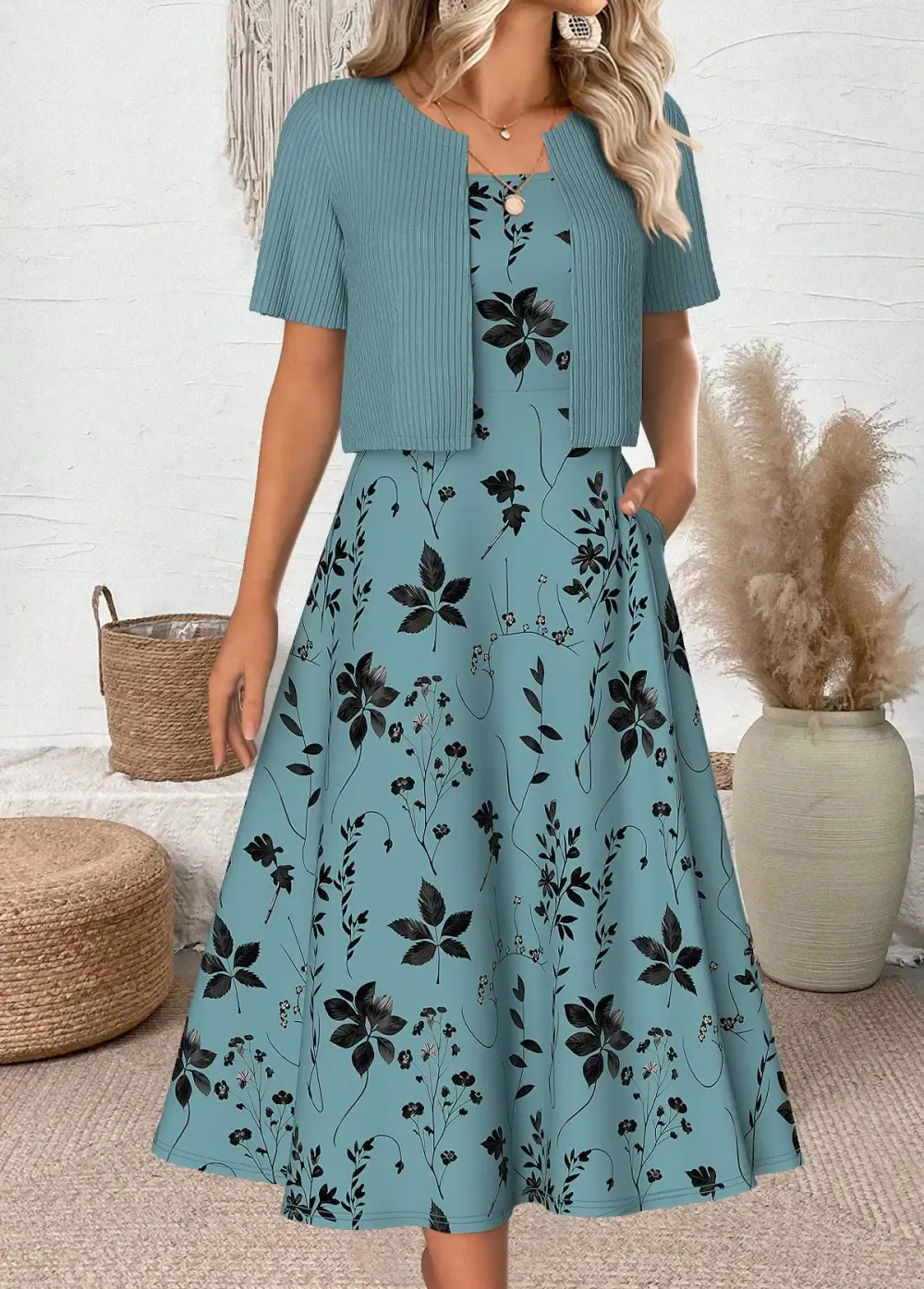 Cyan Leaf Print 3/4 Sleeve Dress and Cardigan