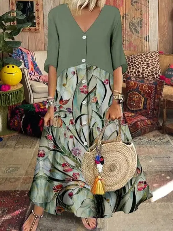 Green 3/4 Sleeve V-Neck Maxi Dress
