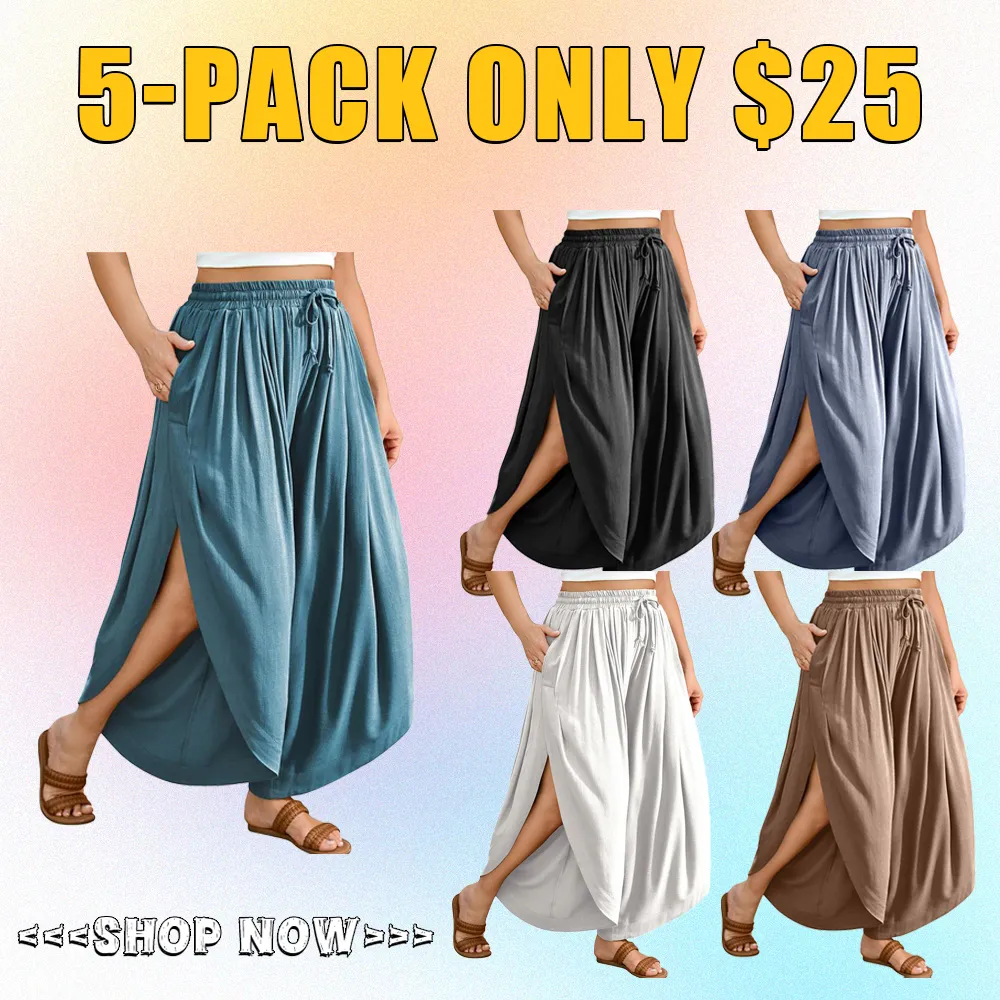 Women’s Linen Split Skirt Pants-High Waist, Wide-Leg, Boho Beachwear