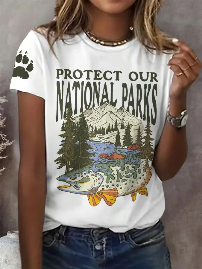 Women'S T-Shirt Women Protect Our National Parks Printed Crewneck T-Shirt Pure Cotton Casual