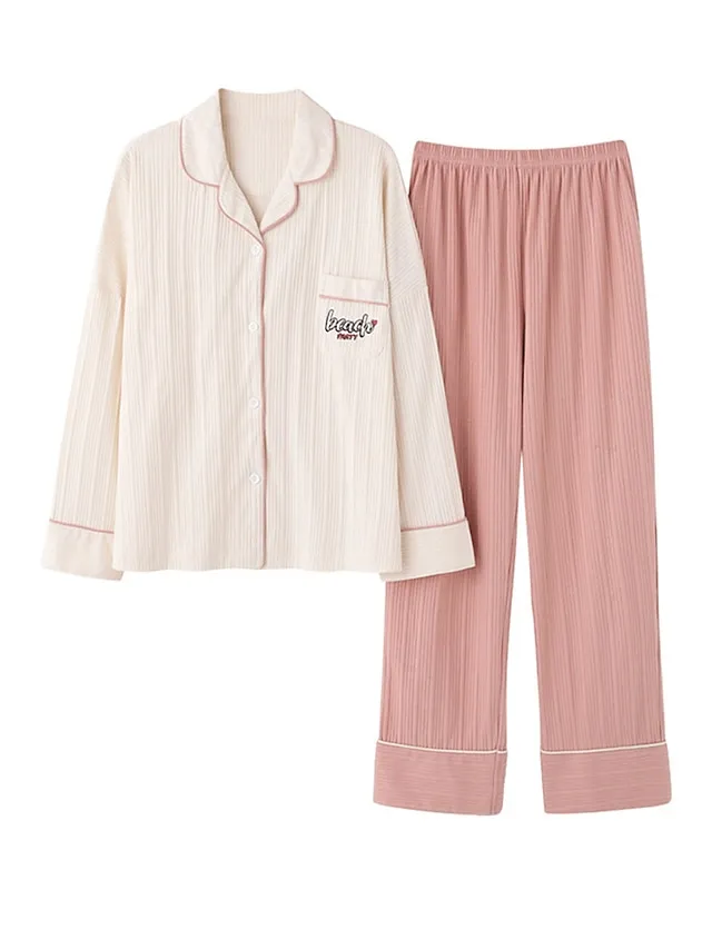 Women's Pajamas Pajama Top and Pant Sets Letter Flower Tights / Leggings Casual Comfort Home Daily Bed Cotton Breathable Lapel Long Sleeve Shirt Pant Button Pocket Summer Fall White Pink