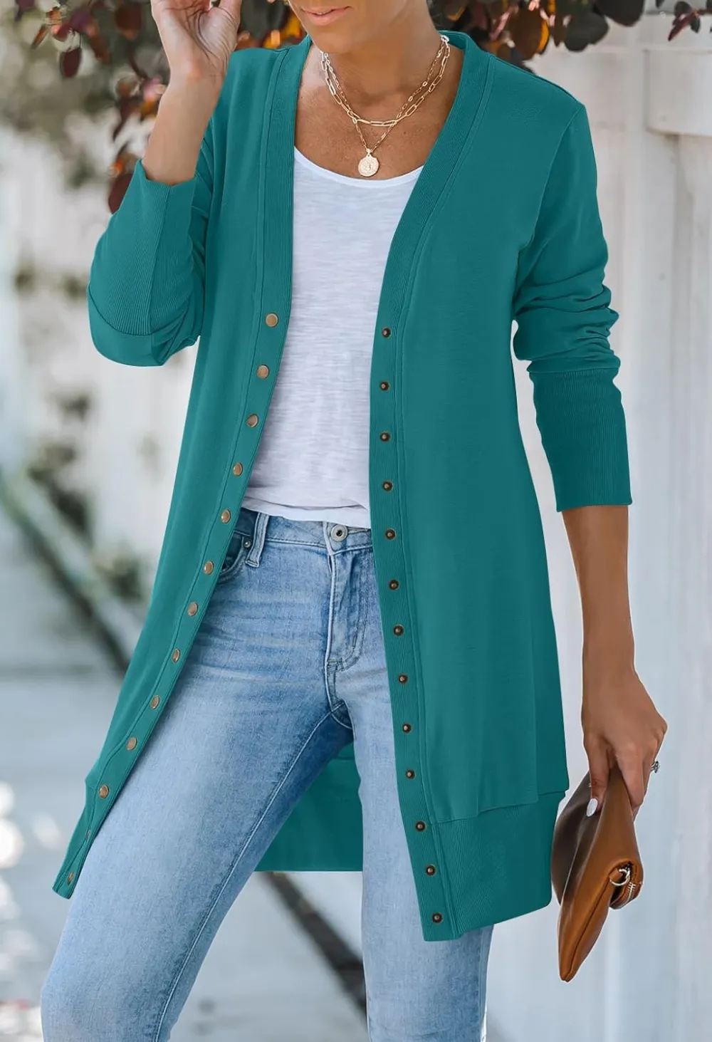 Women's 2024 Fall Long Sleeve Snap Button Down Solid Color Knit Ribbed Neckline Cardigans