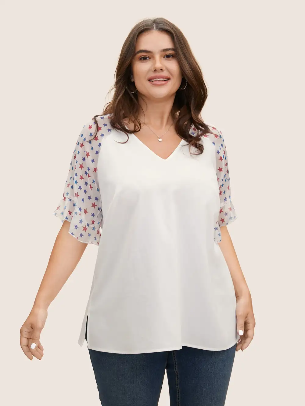 Star & Striped Ruffles Raglan Sleeve Blouse