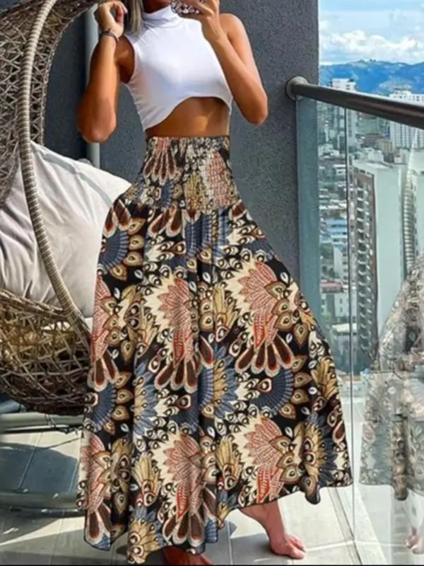 Women's Shirred Waist Wide Leg Pants – Casual High Waist Trousers for Daily & Vacation Wear