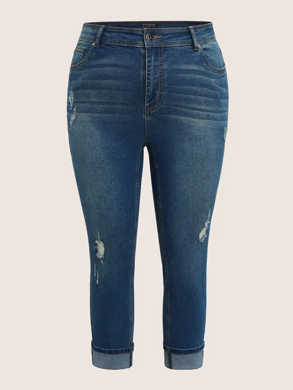 Roll Hem Ripped Pocket Straight Leg Cropped Jeans