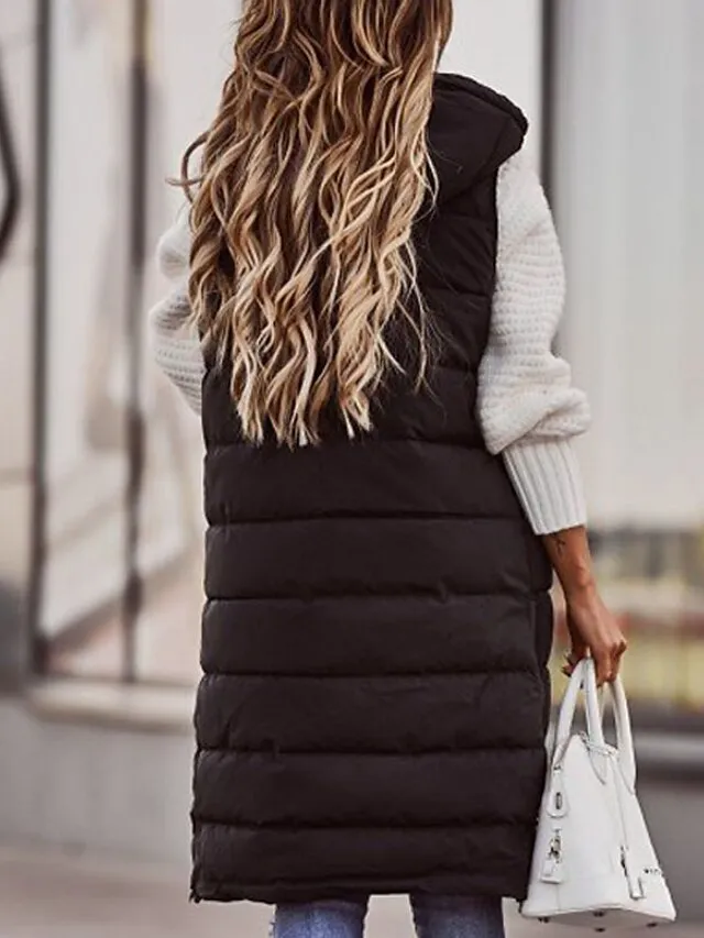 Women's Winter Jacket Long Puffer Vest Fall Maillard Outdoor Street Daily Winter Fall Long Coat Regular Fit Windproof Warm Casual Jacket Sleeveless Solid Color Khaki Red White