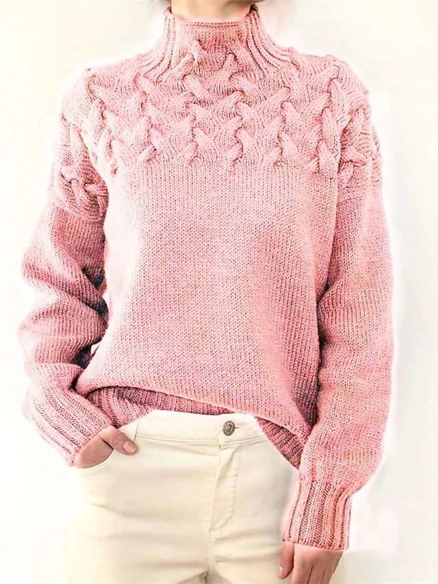 Women‘s Christmas Pullover Sweater Jumper Turtleneck Cable Knit Acrylic Braided Fall Winter Outdoor Daily Going out Xmas Stylish Casual Soft Long Sleeve Pure Color Maillard Black Pink Red S M L
