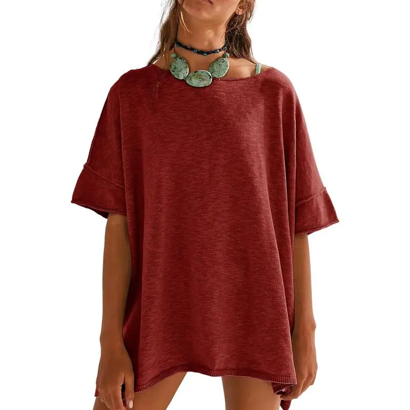 Women's Oversized Crew Neck Side Slit T-Shirt – Casual, Loose-Fit Summer Top