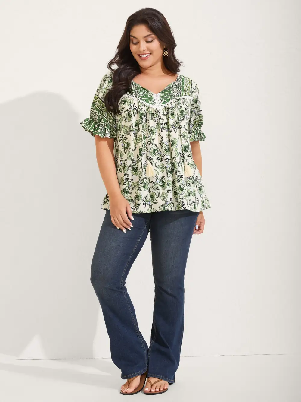 Boho Floral Print Neck Tassels Blouse