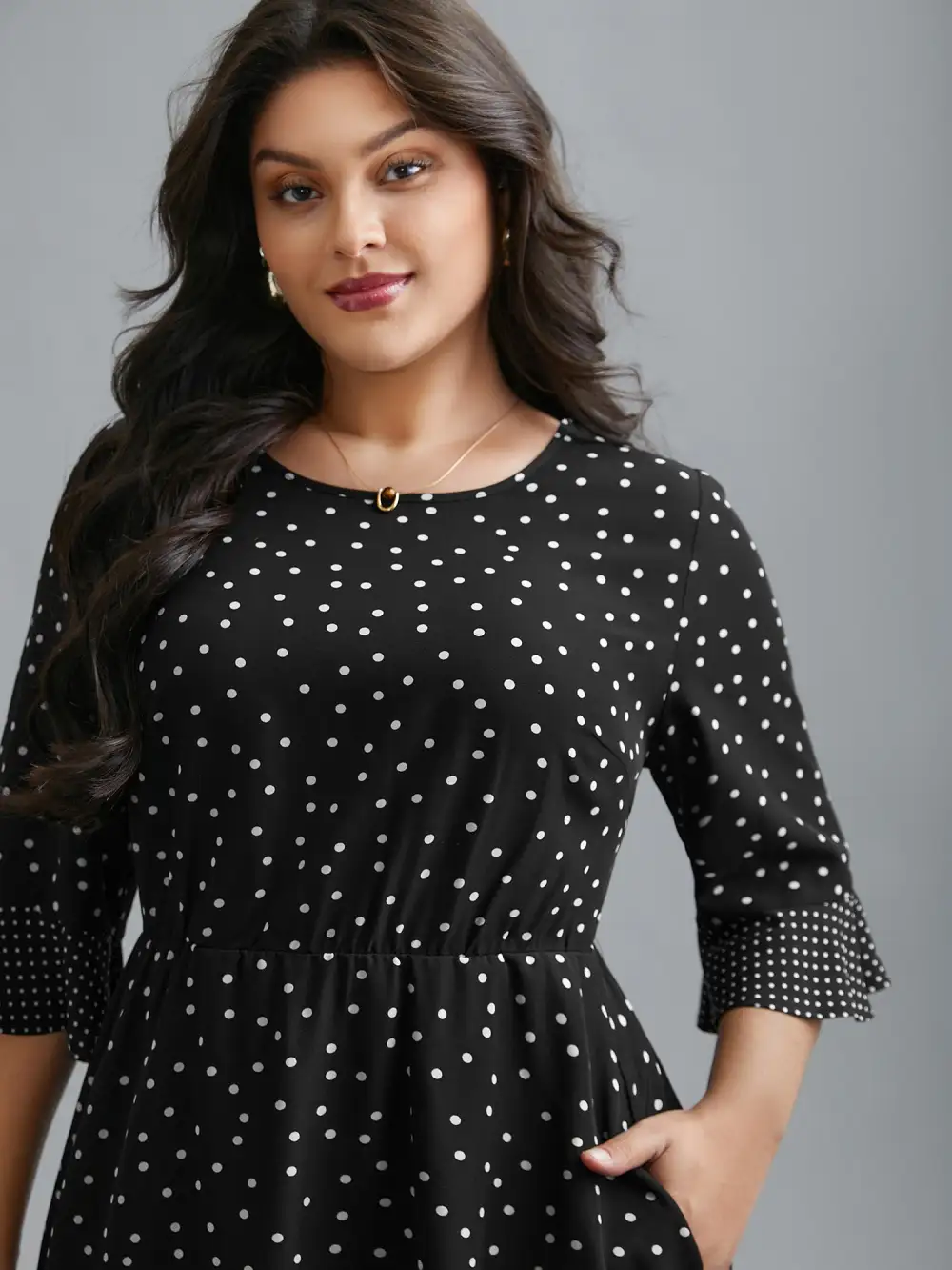 Crew Neck Polka Dot Waist Cinched Dress