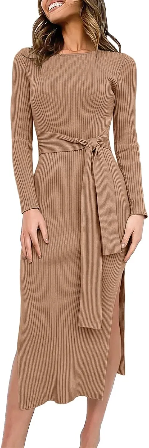 Long Sleeve Sweater Dress Crew Neck Slim Fit Slit Tie Waist 2024 Ribbed Knit Bodycon Midi Dress Fall Outfits