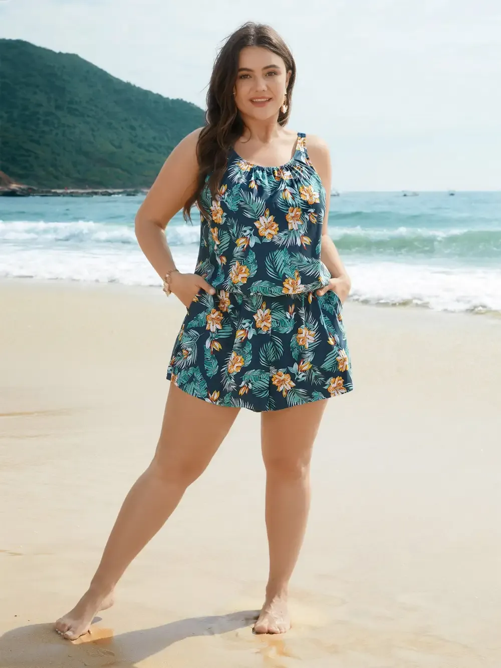 Tropical Flower Print Pockets One-Piece Swimsuit