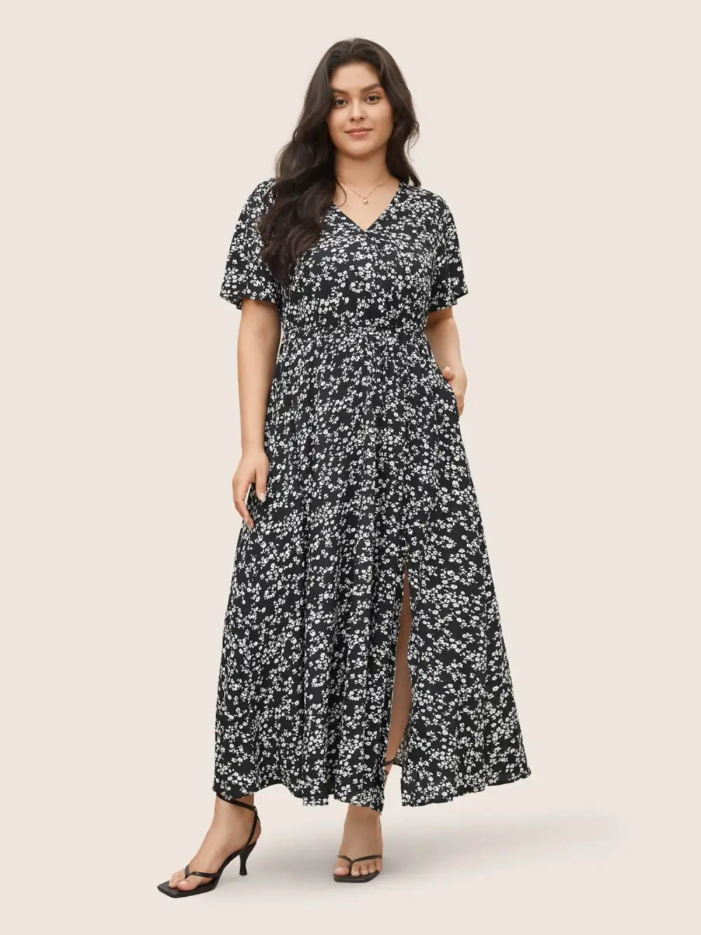 Bloom Dress - Flutter Sleeve Ditsy Floral Pocket Split Maxi Dress