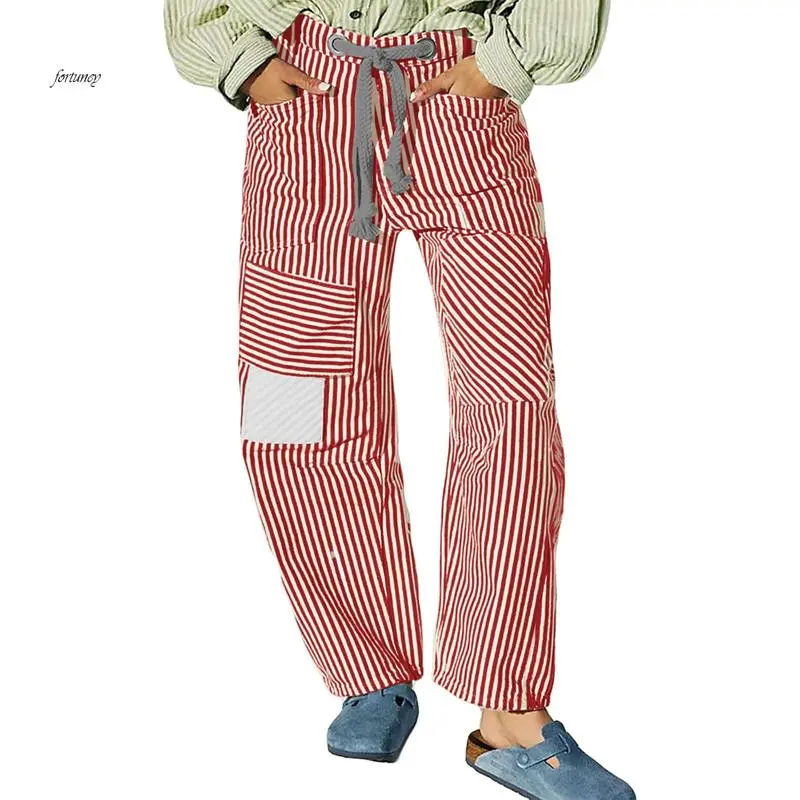 Women's Striped Wide Leg Pants with Pockets – Elastic Waist Drawstring Loose Trousers, Patchwork Casual Style