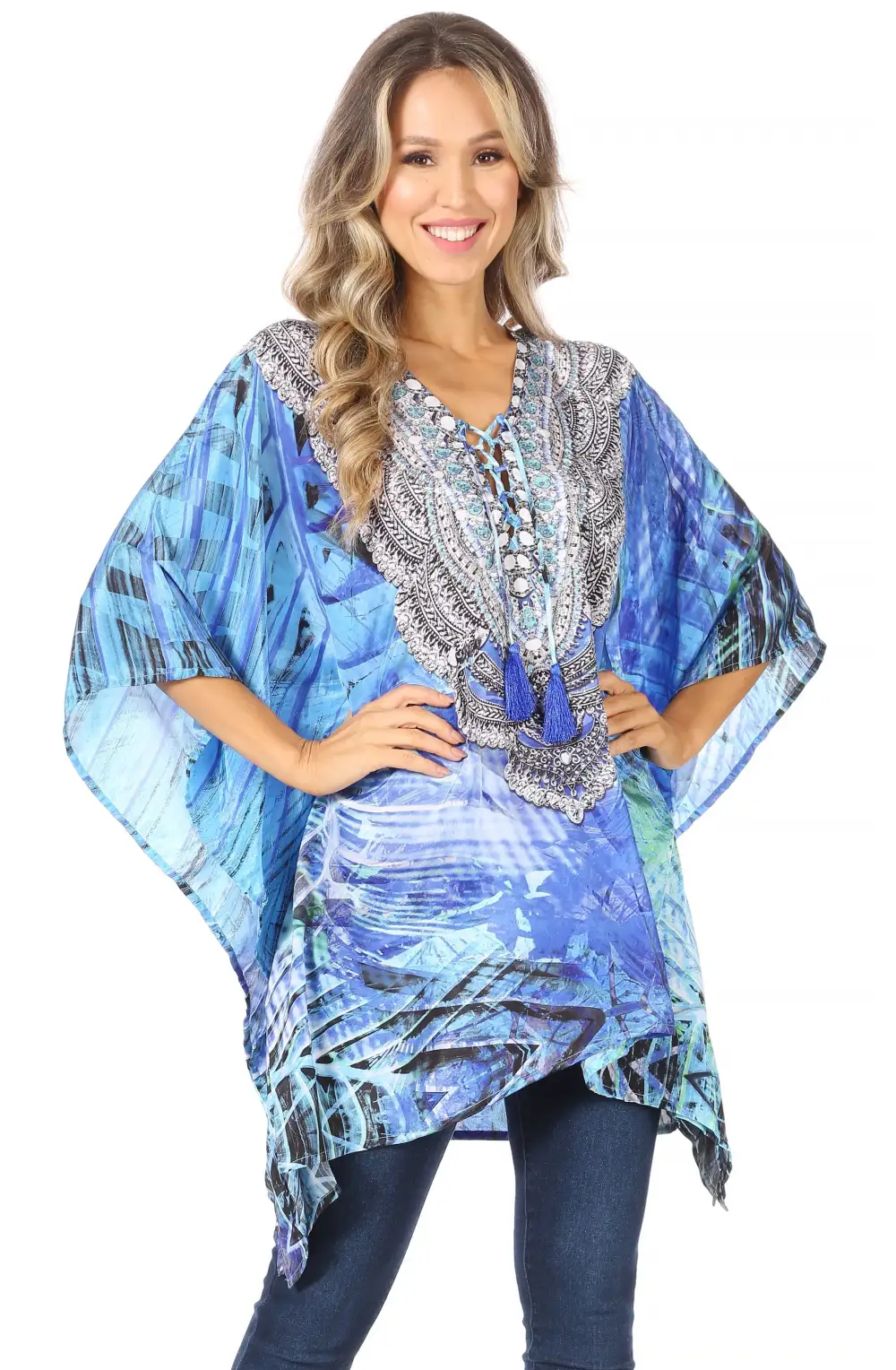 Women's Caftan Poncho Cover up V neck Top Lace up With Rhinestone