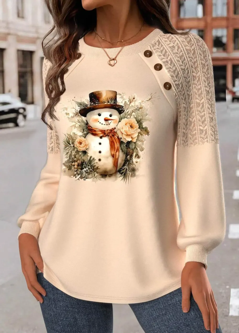 Christmas Skin Color Lace Long Sleeve Round Neck Sweatshirt