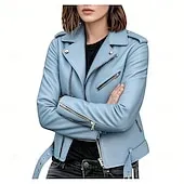 Women's Faux Leather Jacket Comfortable Full Zip Fashion Street Style Plain Outdoor Casual Daily Regular Turndown Regular Fit Long Sleeve Outerwear Silver Black Pink Spring Fall