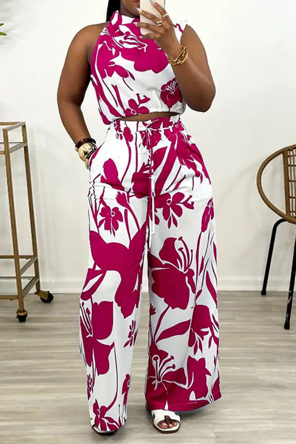 Floral Print Lace-Up Irregular Neck Pant Set