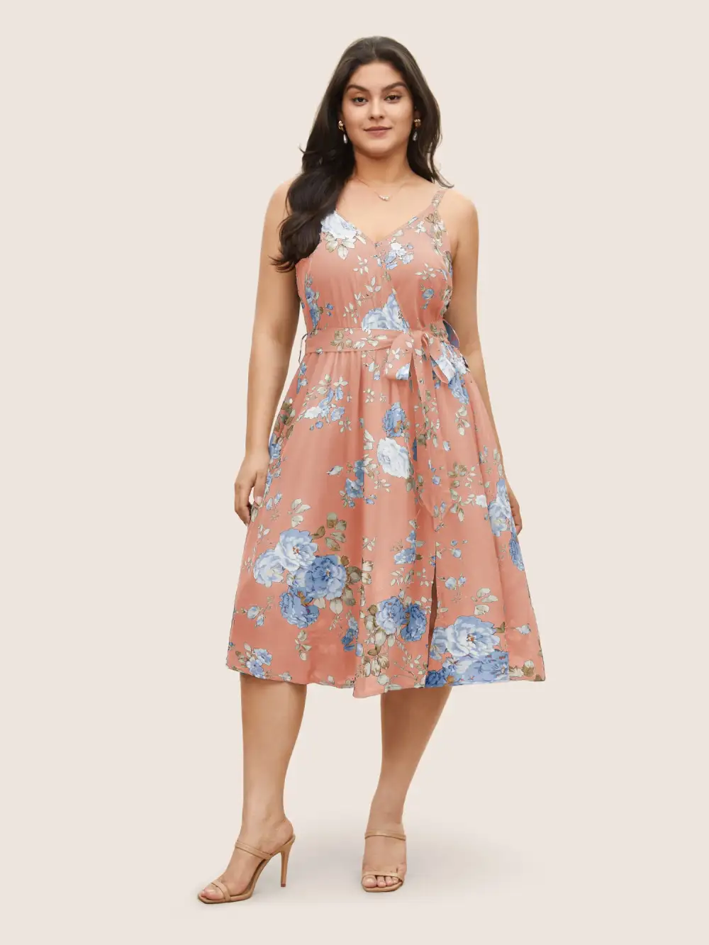 Floral Wrap Elastic Waist Belted Sleeveless Dress