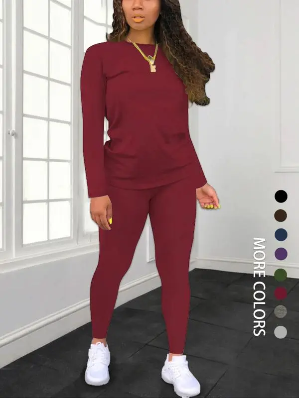 Women's Solid Long Sleeve Top & Pants Set – Minimalist, Casual, Comfy Outfit for Daily Wear.