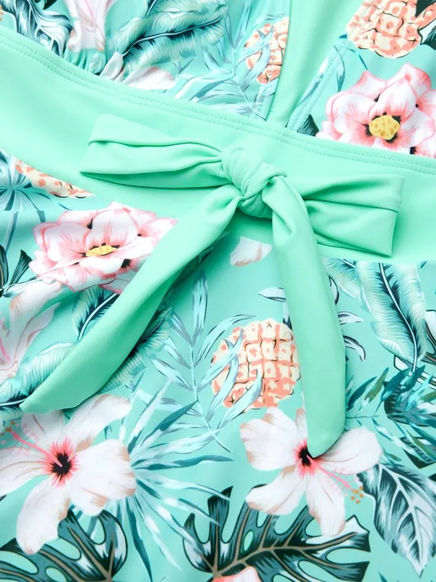 Vacation Floral Printing Scoop Neck Swimdress Two-Piece Set