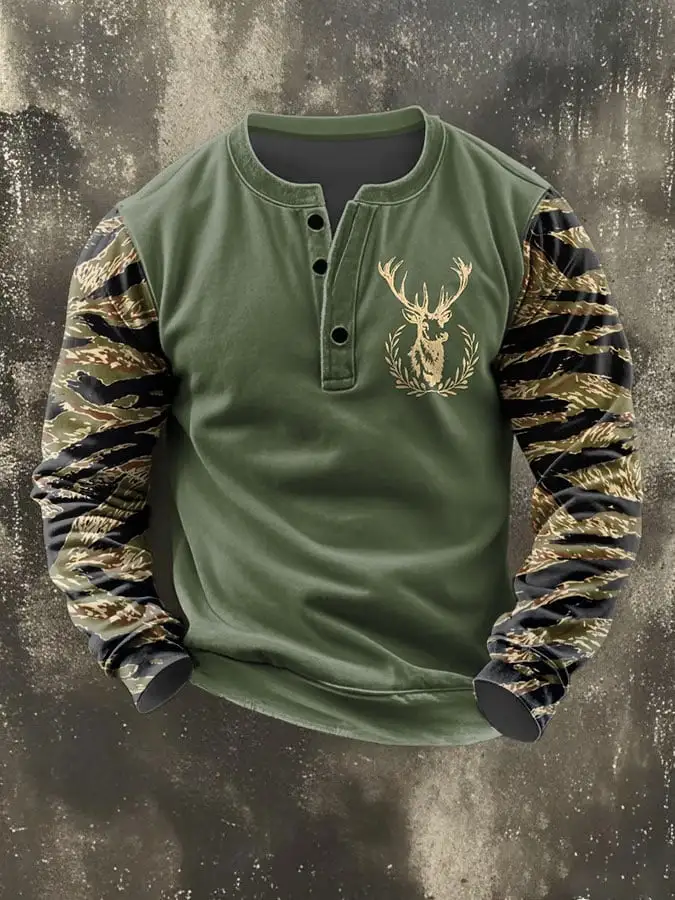 Men's Vintage Western Elk Print Henley Neck Sweatshirt