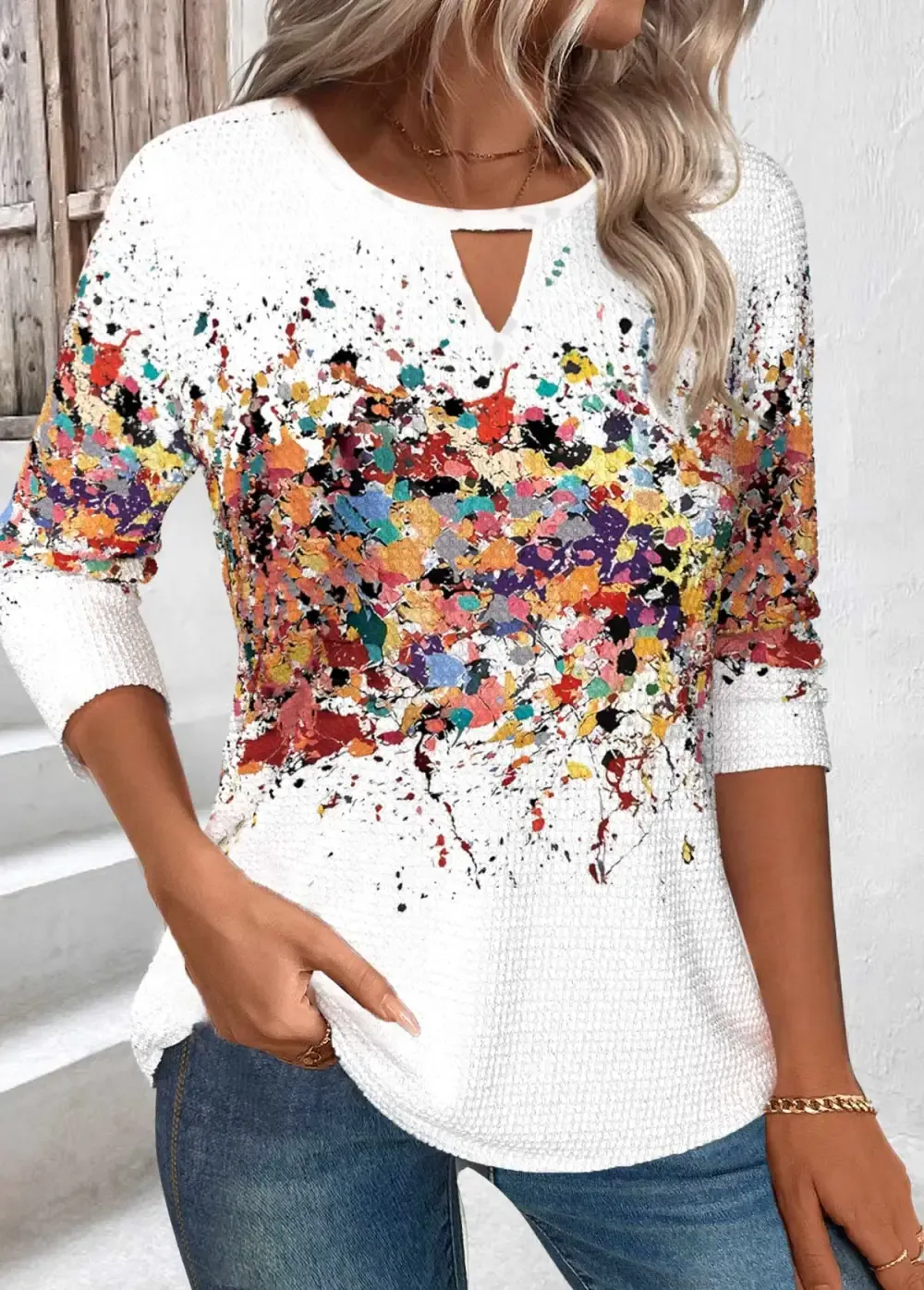White Cut Out Ombre Long Sleeve T Shirt