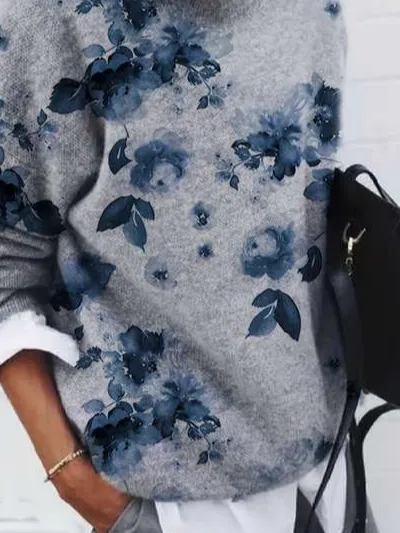 Women's Floral Print Casual Long Sleeve Crew Neck Sweater