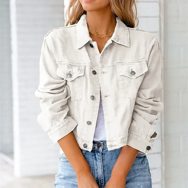 Women's Denim Jacket Comfortable Pocket Buttons Elegant Fashion Outdoor Plain Going out Casual Daily Weekend Cardigan Regular Lapel Regular Fit Long Sleeve Outerwear Black White Yellow Spring Fall