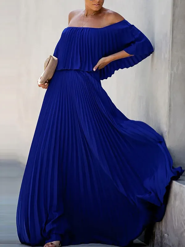 Loose Pleated Solid Color Off-The-Shoulder Maxi Dresses