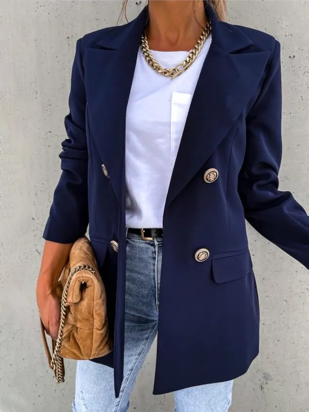 Women Casual Plain Autumn Natural Micro-Elasticity Daily Loose X-Line Regular Size Blazer