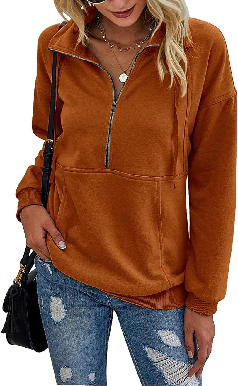 Women's Casual Long Sleeve Lapel Zipper Sweatshirt Drawstring Loose Pullover Tops