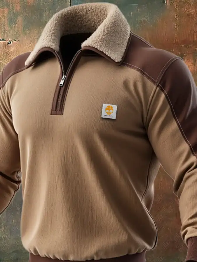 Men's Retro Splicing Zipper Fur Collar Sweatshirt