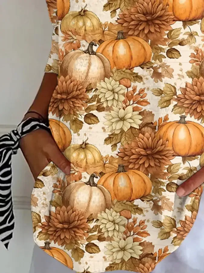 Women's Autumn Faith Pumpkin Stripe Fabric Casual V-neck Mid-sleeve T-shirt