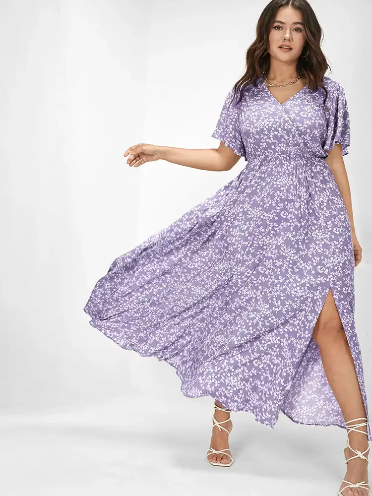 Bloom Dress - Flutter Sleeve Ditsy Floral Pocket Split Maxi Dress