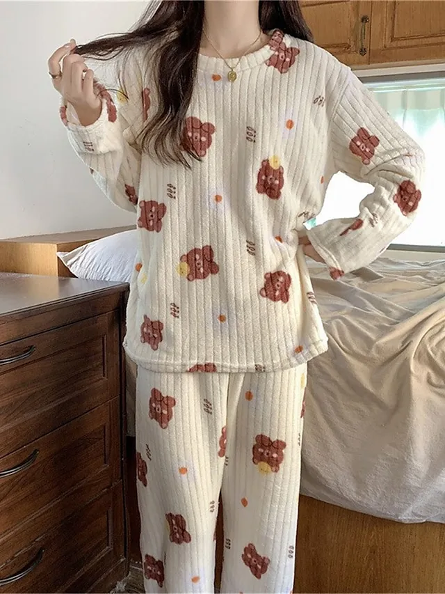 Women‘s Fleece Pajamas Sets Fluffy Fuzzy Warm Pajama Fruit Bear Plush Casual Comfort Home Daily Bed Coral Fleece Coral Velvet Warm Crew Neck Long Sleeve Pant Fall Winter Black bow Peach Pink
