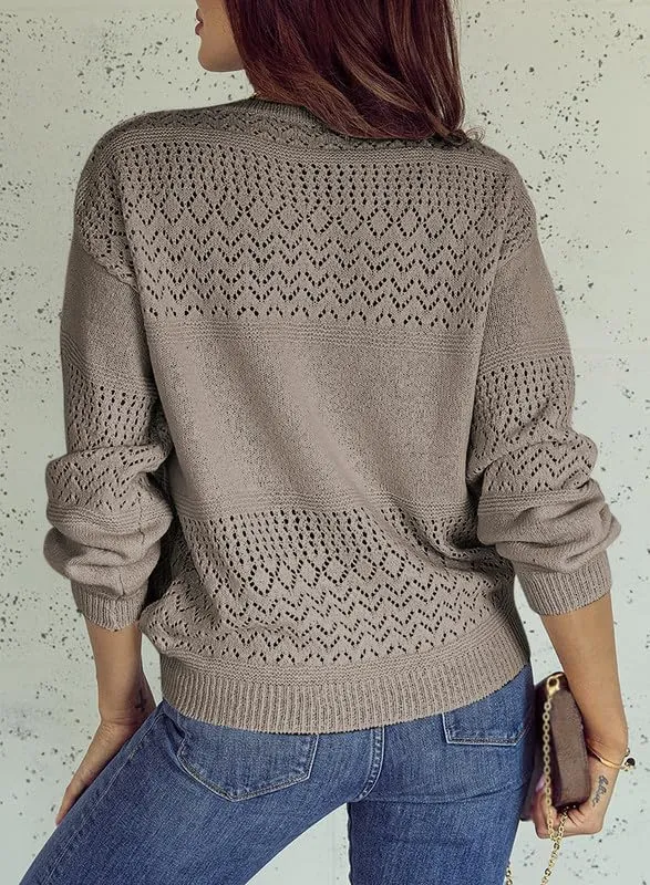 Womens Sweaters Casual Long Sleeve V Neck Lightweight Crochet Pullover Sweater Tops