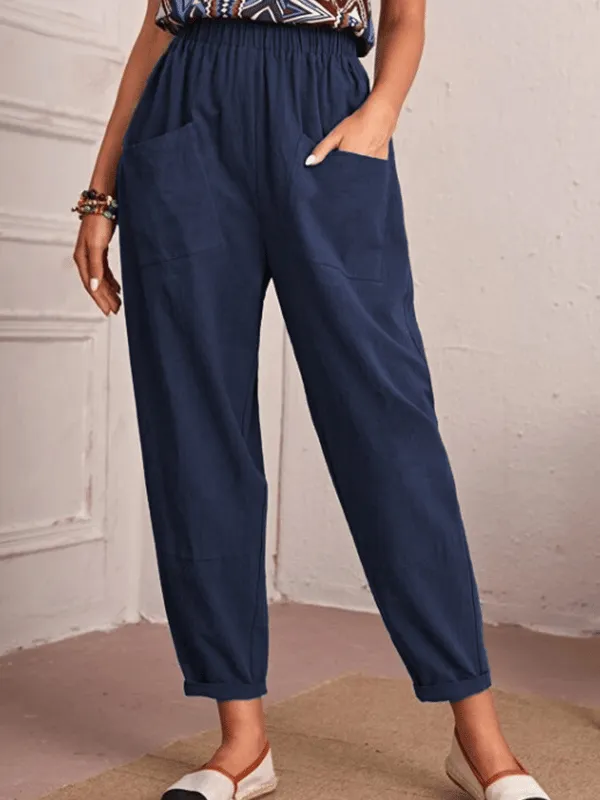 Women's Cotton Linen Capris Elastic Waist Casual Pants