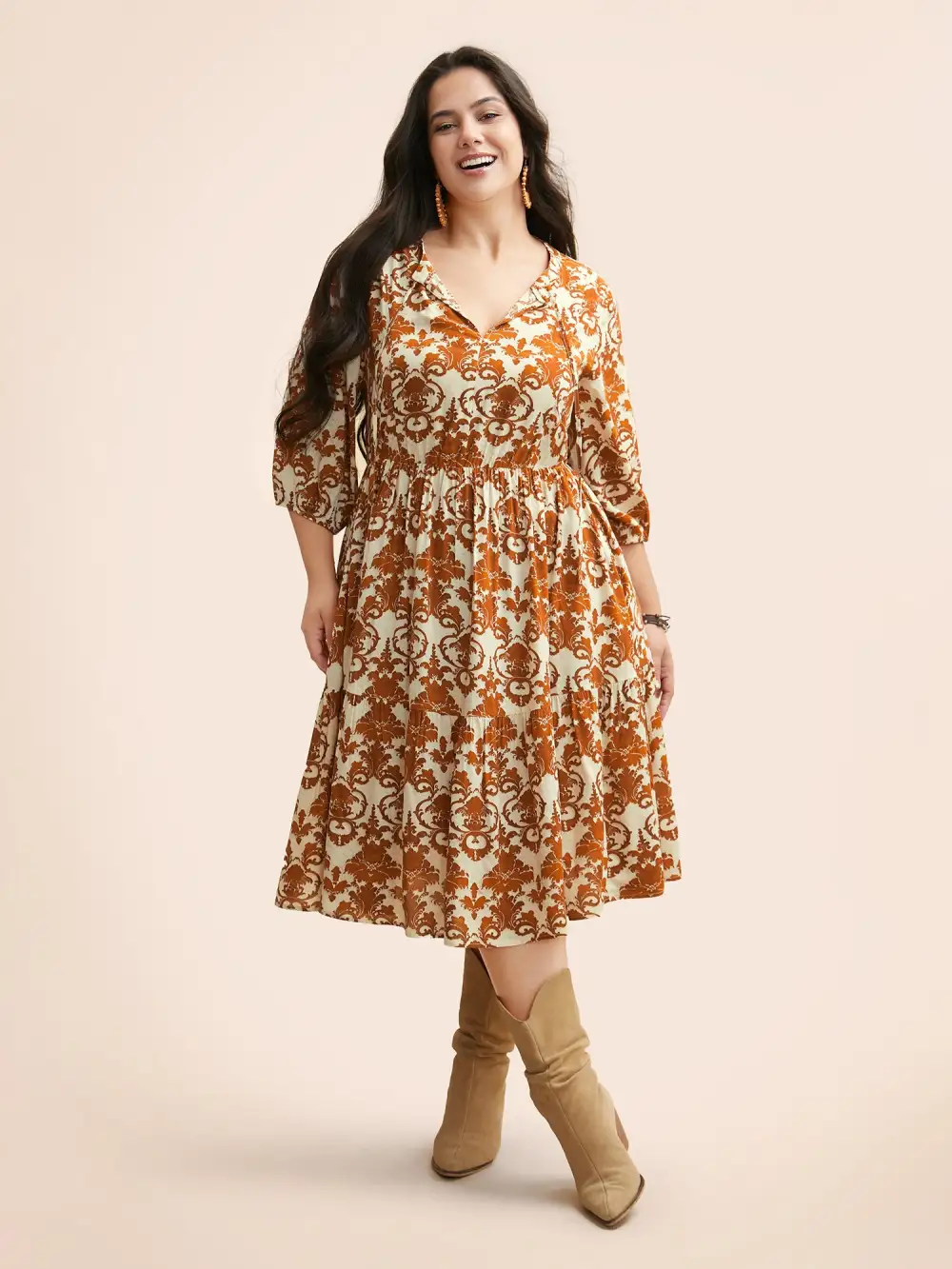 Damask Print Tie Knot Puff Sleeve Dress