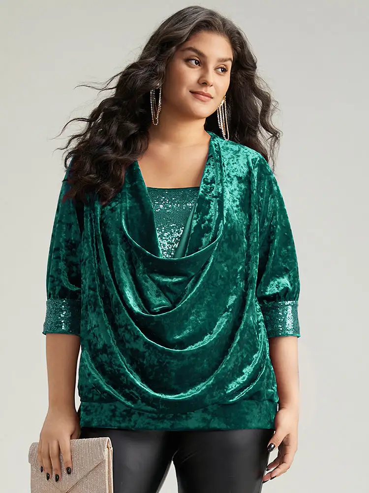 Cowl Neck 2-In-1 Sequin Patchwork Blouse