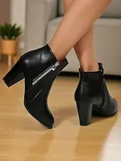 Women's Brown Faux Leather Ankle Boots with Zipper Closure and Block Heel - Stylish Western Fall Footwear for Daily and Casual Outfits