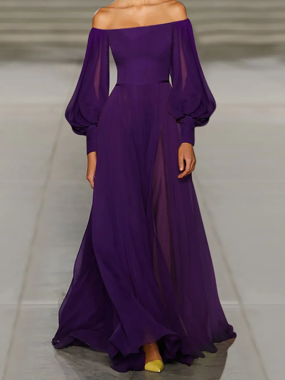 Off Shoulder Purple Prom Chiffon Maxi Dress