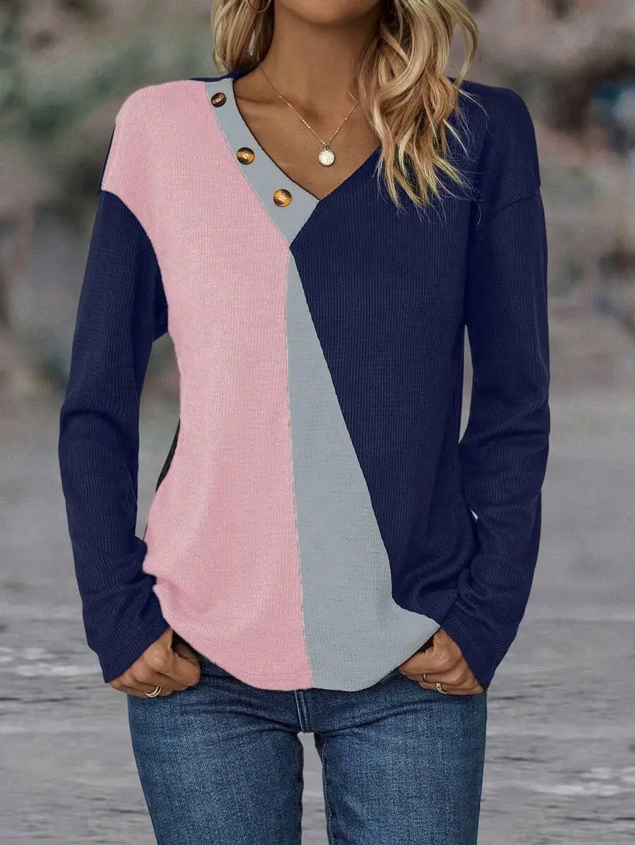 Color Block Button Detail Drop Shoulder Tee Graphic Tees Women Tops