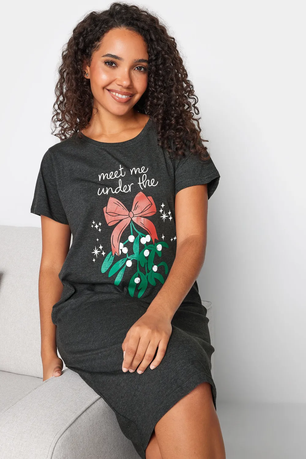 M&Co Black Cotton Christmas Mistletoe Print Nightdress