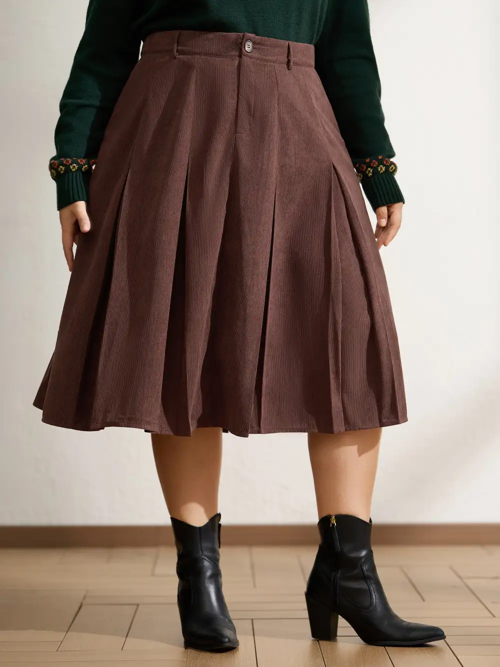 Pleated Waist-Defining Midi Skirt