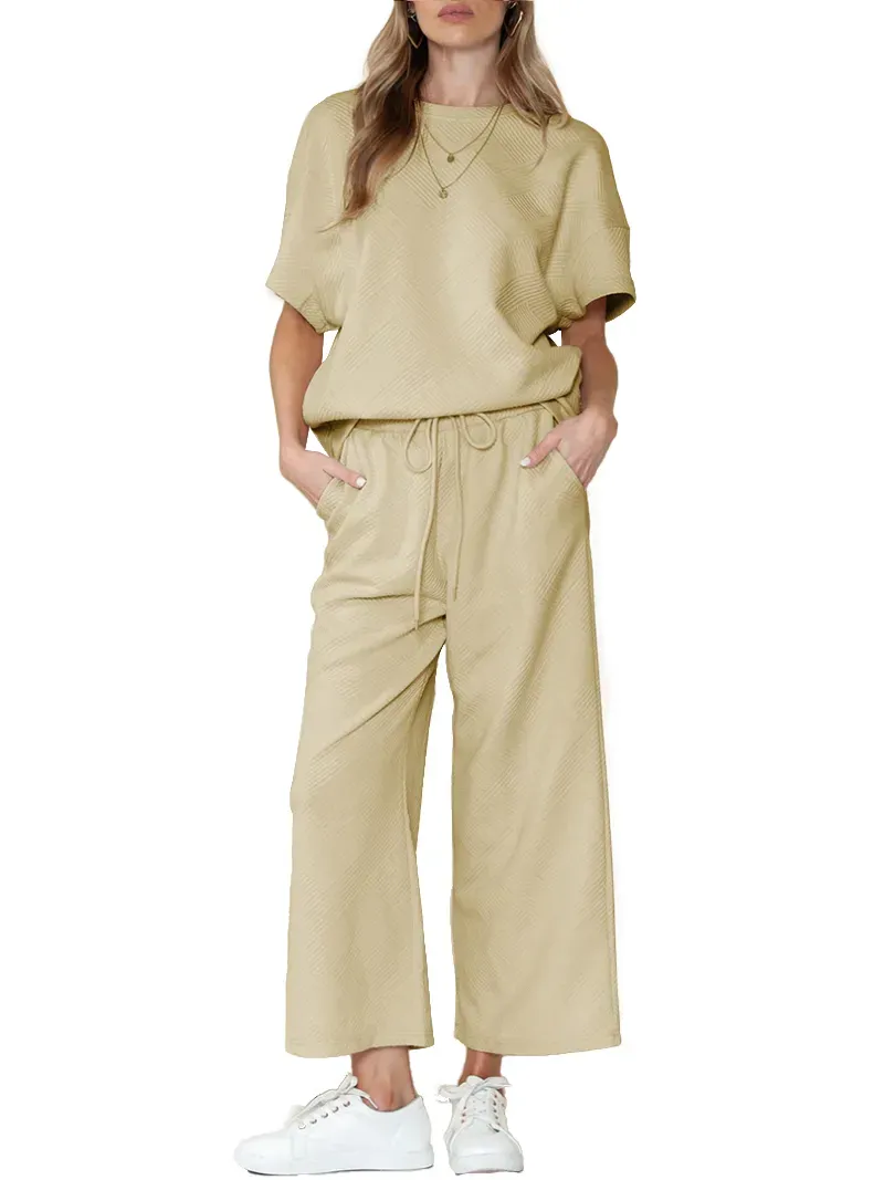 ✨Women's Textured Loose Fit T Shirt and Drawstring Pants Casual Set