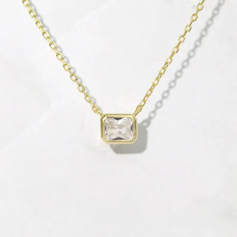 Bezel Cubic Zirconia Necklace, Baguette Necklace, Rectangle Necklace, Pendant Necklace, Minimalist Necklace, Dainty Necklace, Gift for Her,