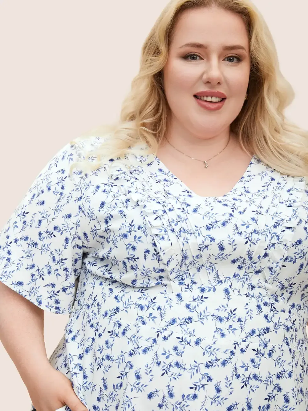 Floral Pleated Elastic Waist Ruffle Sleeve Blouse