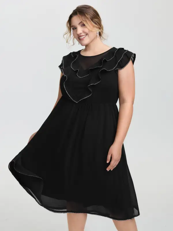 Sheer Rhinestone Chain Trim Ruffled Midi Dress